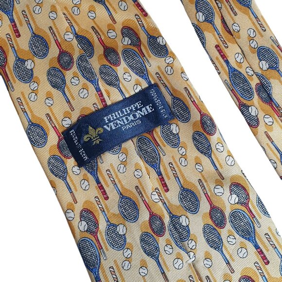 Philippe Vendome Necktie Paris Tennis Racket Balls Sports Silk France Vintage - Picture 4 of 5